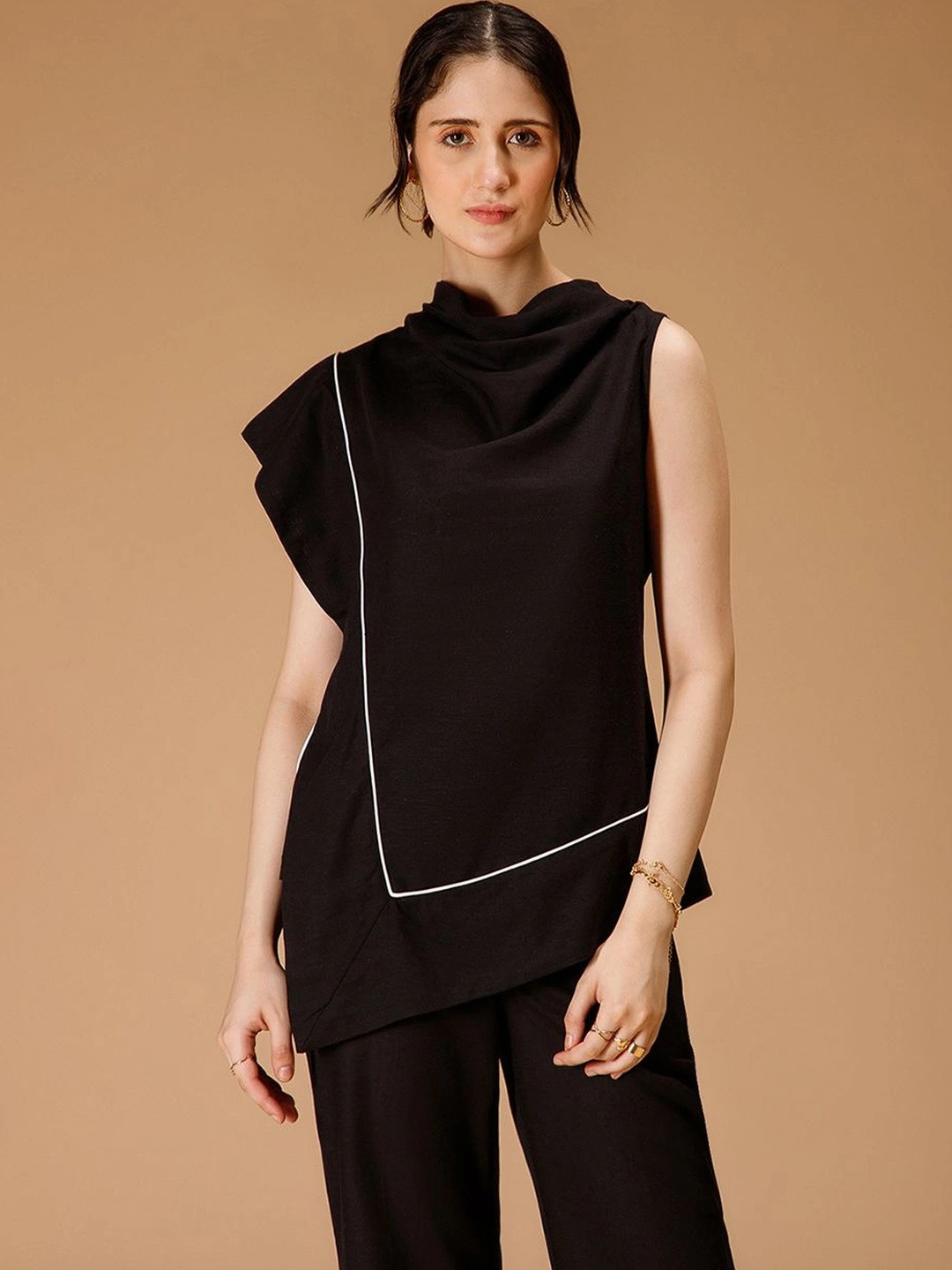 B77 Penelope Women's Cowl Neck Drape Top with Contrast Piping and Asymmetric Hem