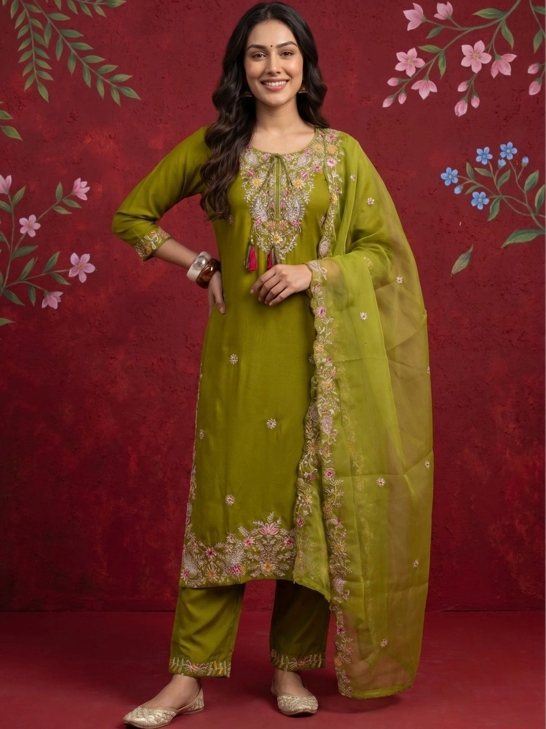 Sangria Women Ethnic Motifs Embroidered Regular Thread Work Kurta with Trousers & With Dupatta