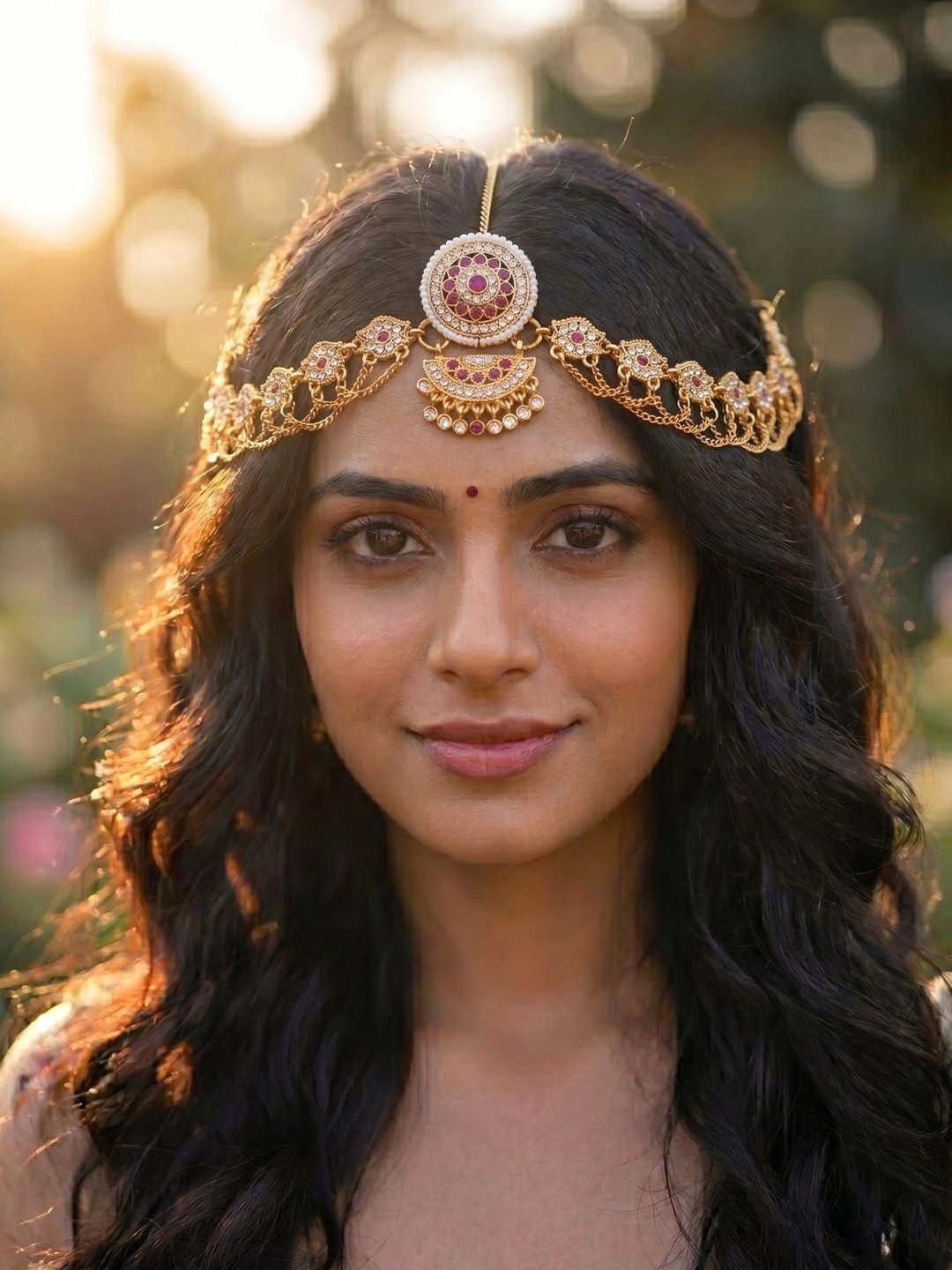 Jewar Mandi Gold-Plated American Diamond Studded Matha Patti Head Jewellery