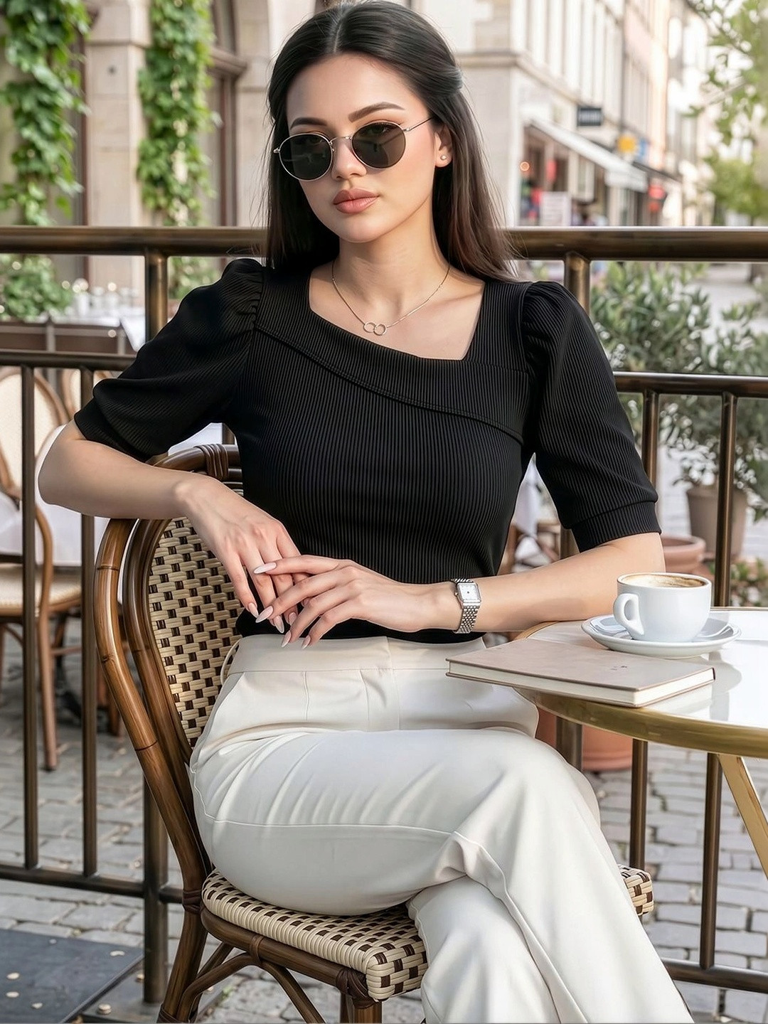 Black Ribbed Square Neck Puff Sleeve Top