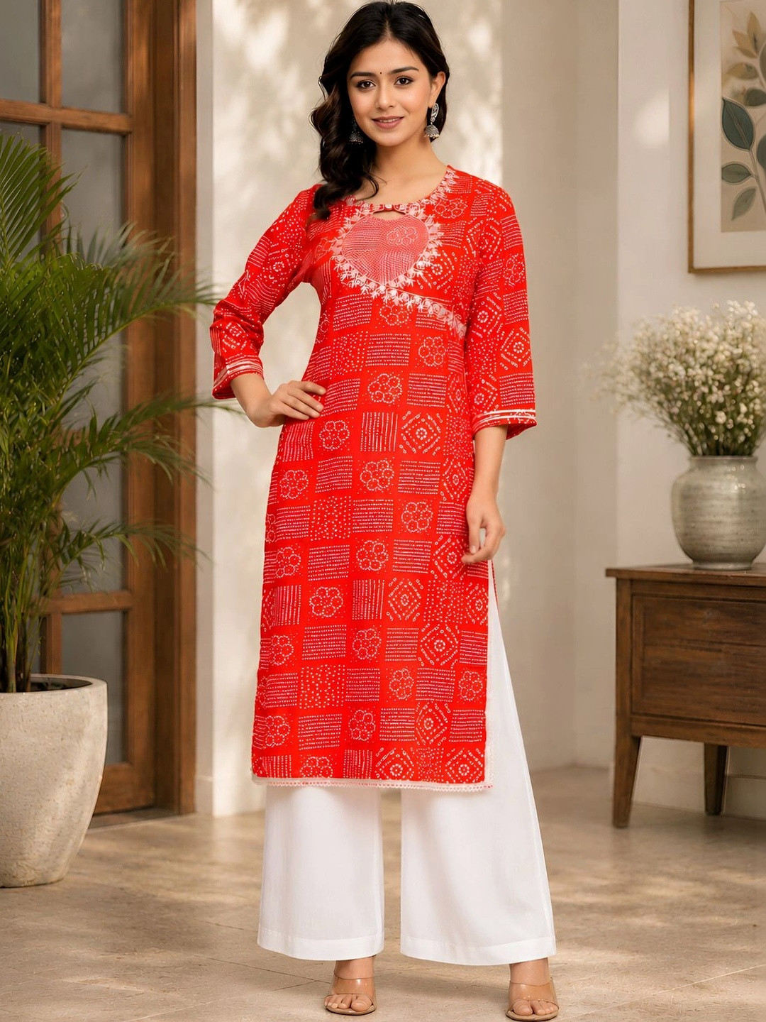 HERE&NOW Women Bandhani Embroidered Keyhole Neck Kurta
