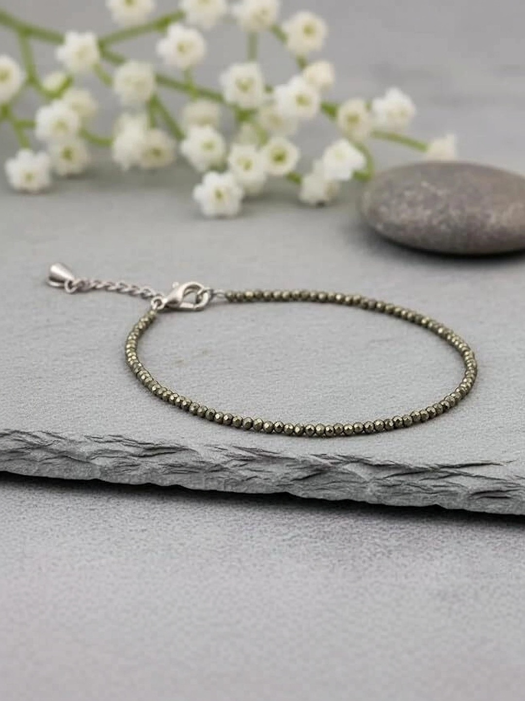 TRUEBUY Silver-Plated Faceted Pyrite Stone Dainty Ankle Chain