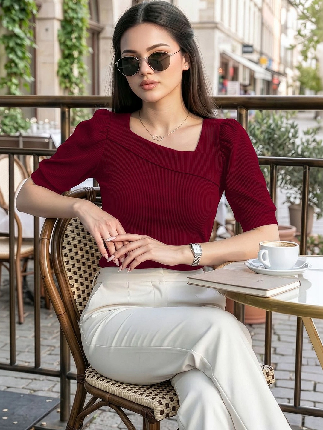 Maroon Ribbed Square Neck Puff Sleeve Top