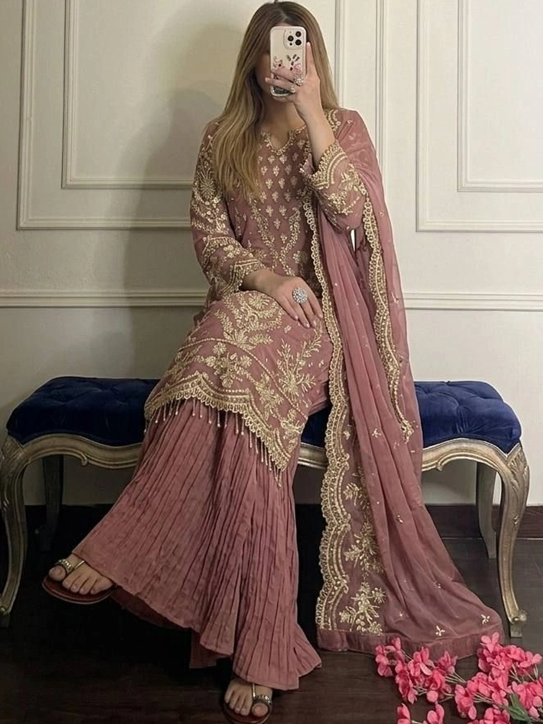 HERINK FASHION Women Embroidered Regular Sequinned Kurti with Palazzos & With Dupatta