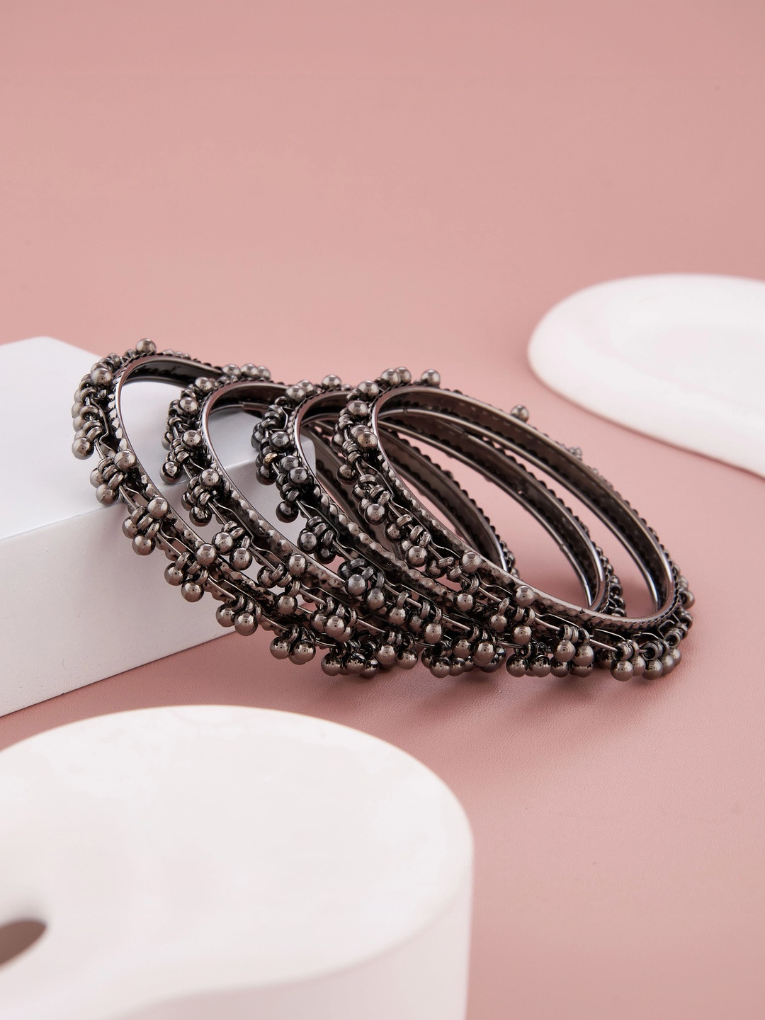 CZ STONE Set of 4 Silver-Plated Oxidised Crystals Bangles