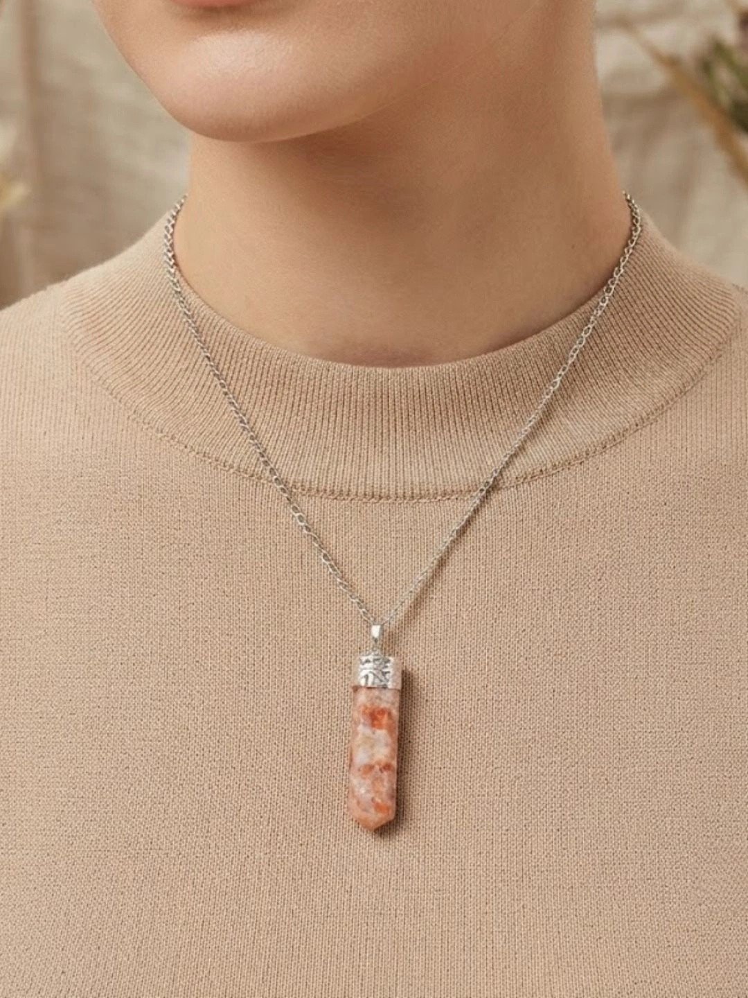 Shubhanjali Unisex Silver-Plated Sunstone Studded Pencil Pendant