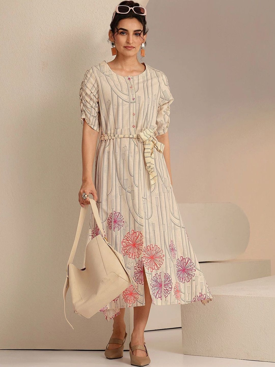 Libas Ivory Geometric Print Cotton Midi Dress