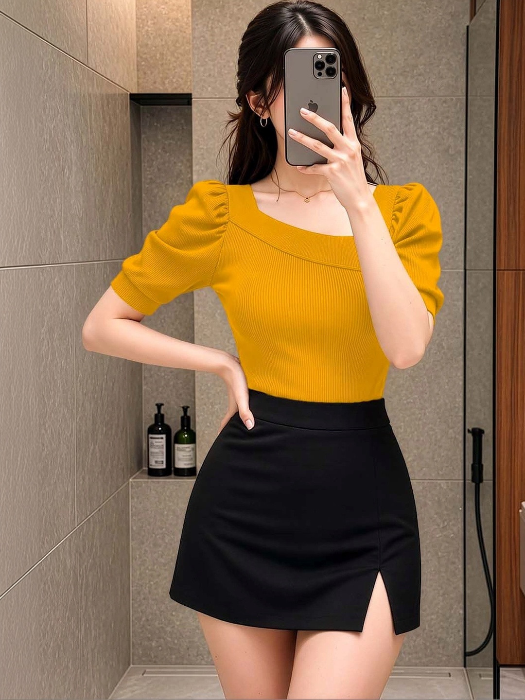 Yellow Square Neck Puff Sleeve Top