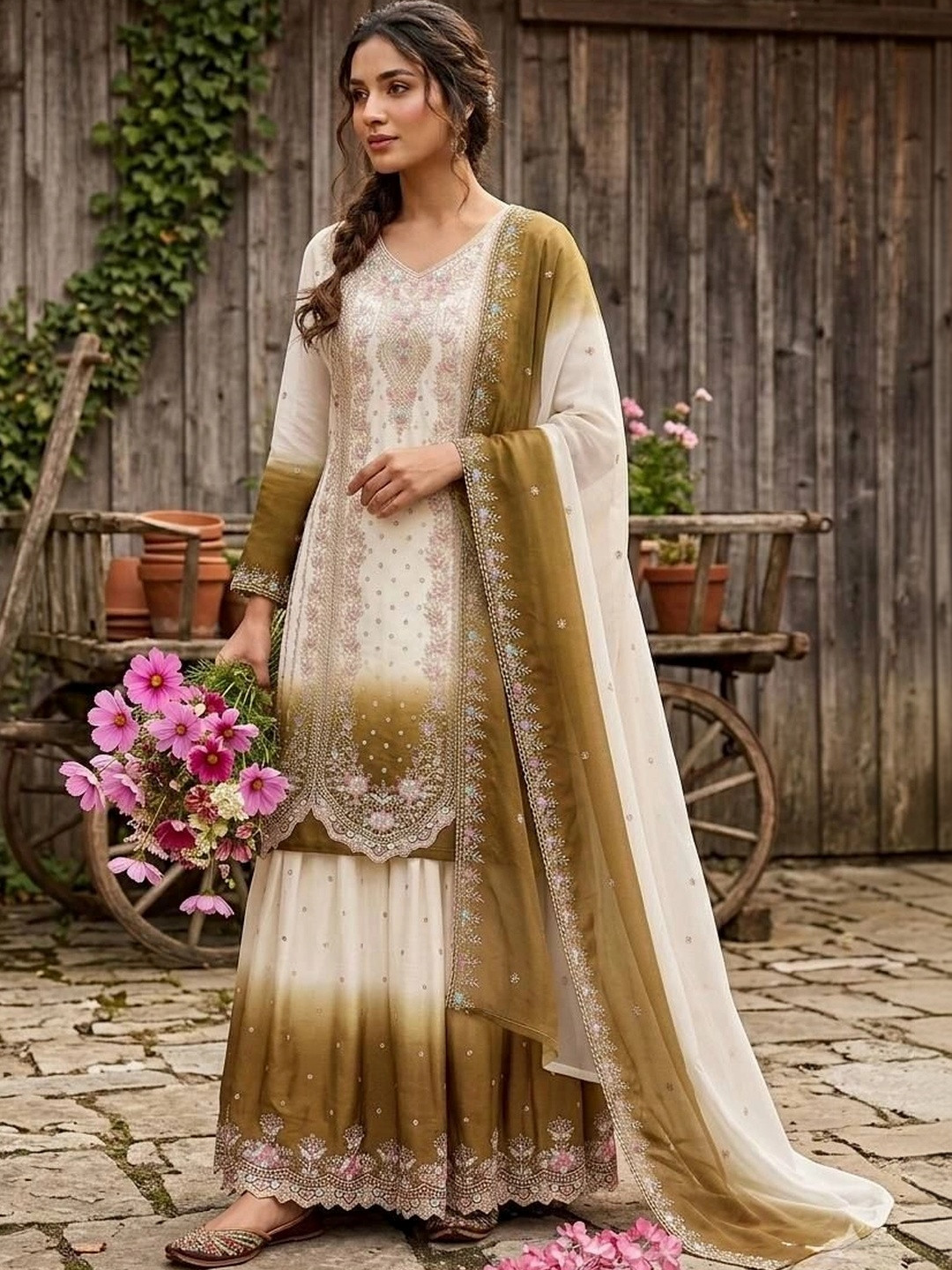 NILHARI Ethnic Motifs Embroidered V-Neck Pure Georgette Blend Kurti