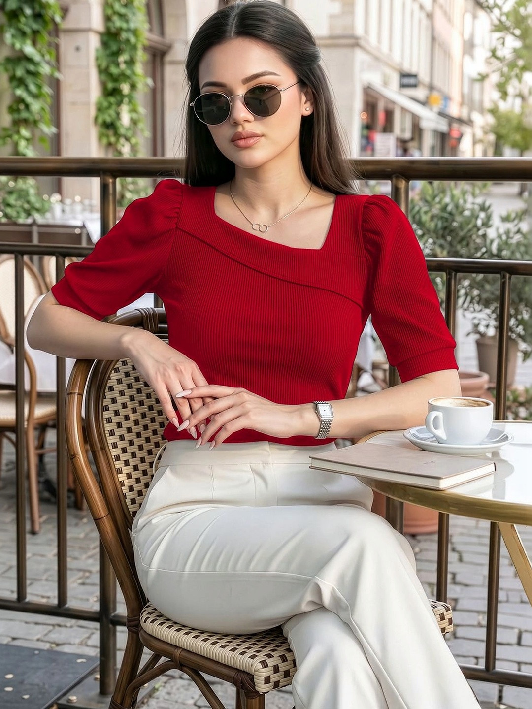 Red Square Neck Puff Sleeve Top