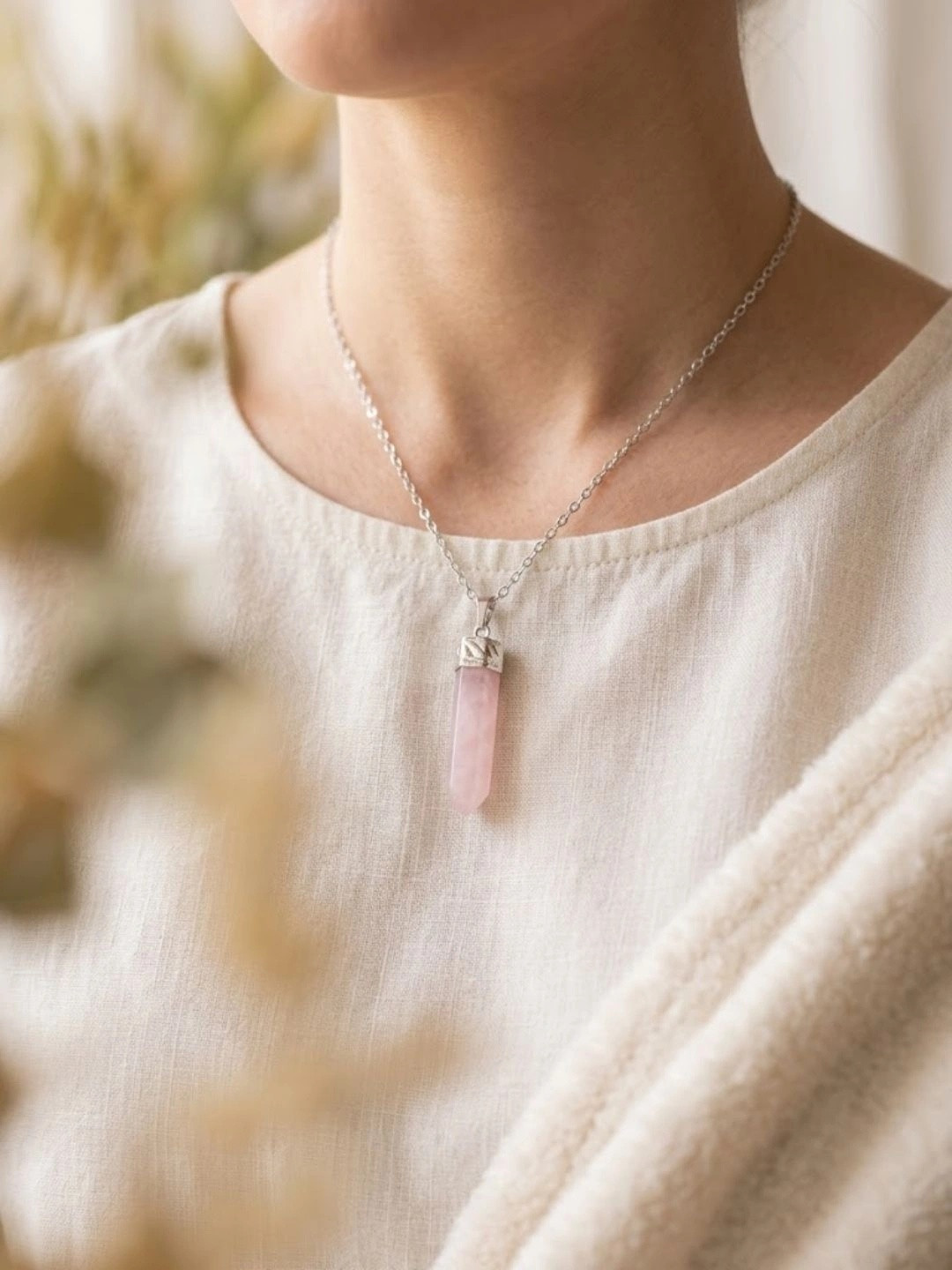 Shubhanjali Unisex Silver-Plated Rose Quartz Stone Studded Pencil Pendant