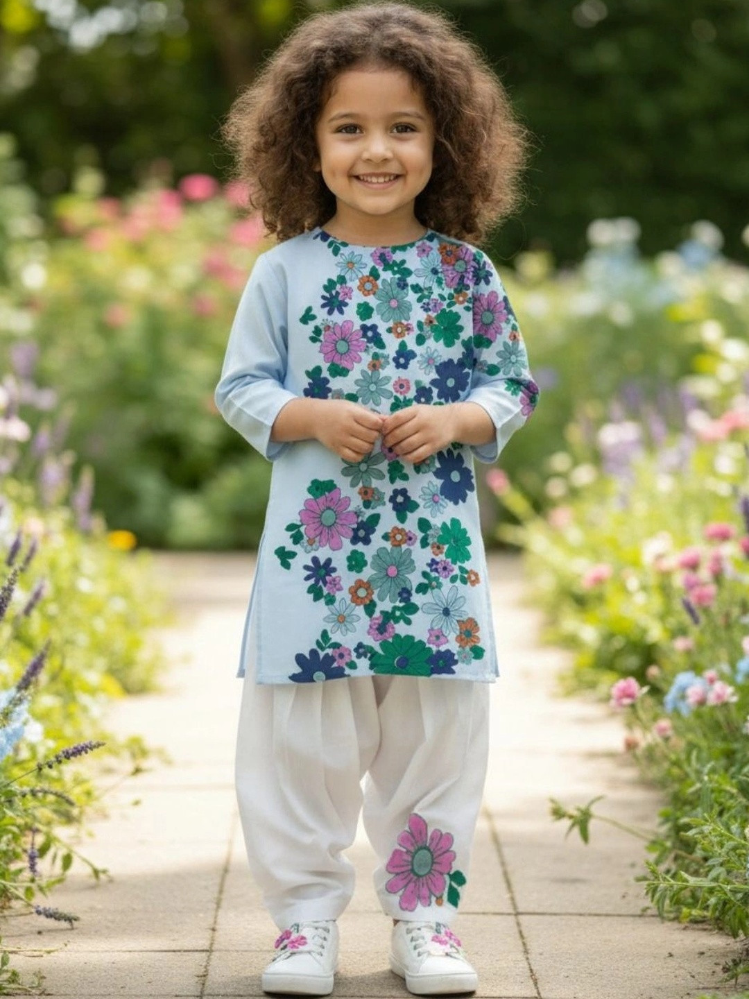 DEVOILER Girls Floral Printed Regular Pure Cotton Kurta with Patiala