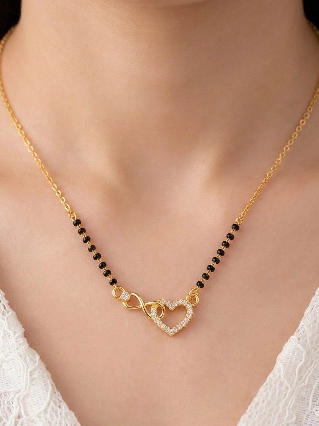 Anouk Elegant Gold-Plated Black Bead with CZ Studded Heart Infinity Mangalsutra