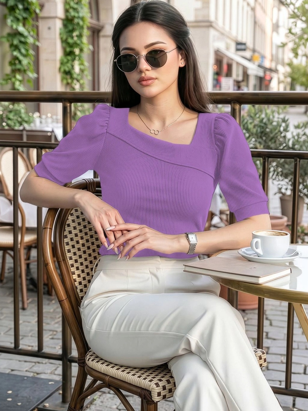 Lavender Ribbed Square Neck Puff Sleeve Top