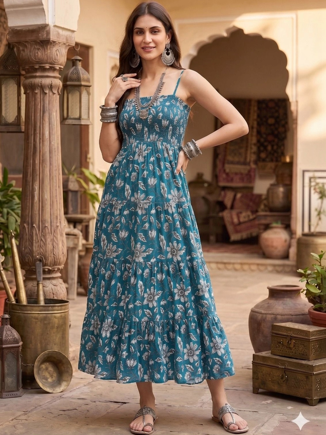 Demirner Floral Print A-Line Maxi Dress