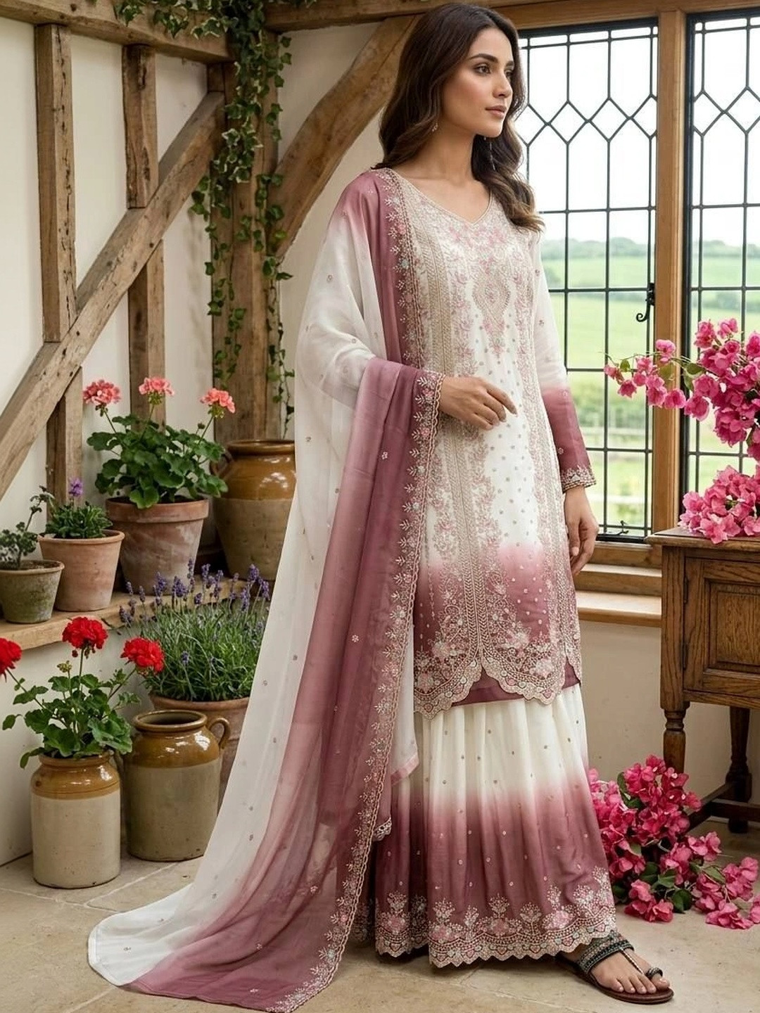 NILHARI Ethnic Motifs Embroidered V-Neck Thread Work Pure Georgette Blend Thread Work Kurti