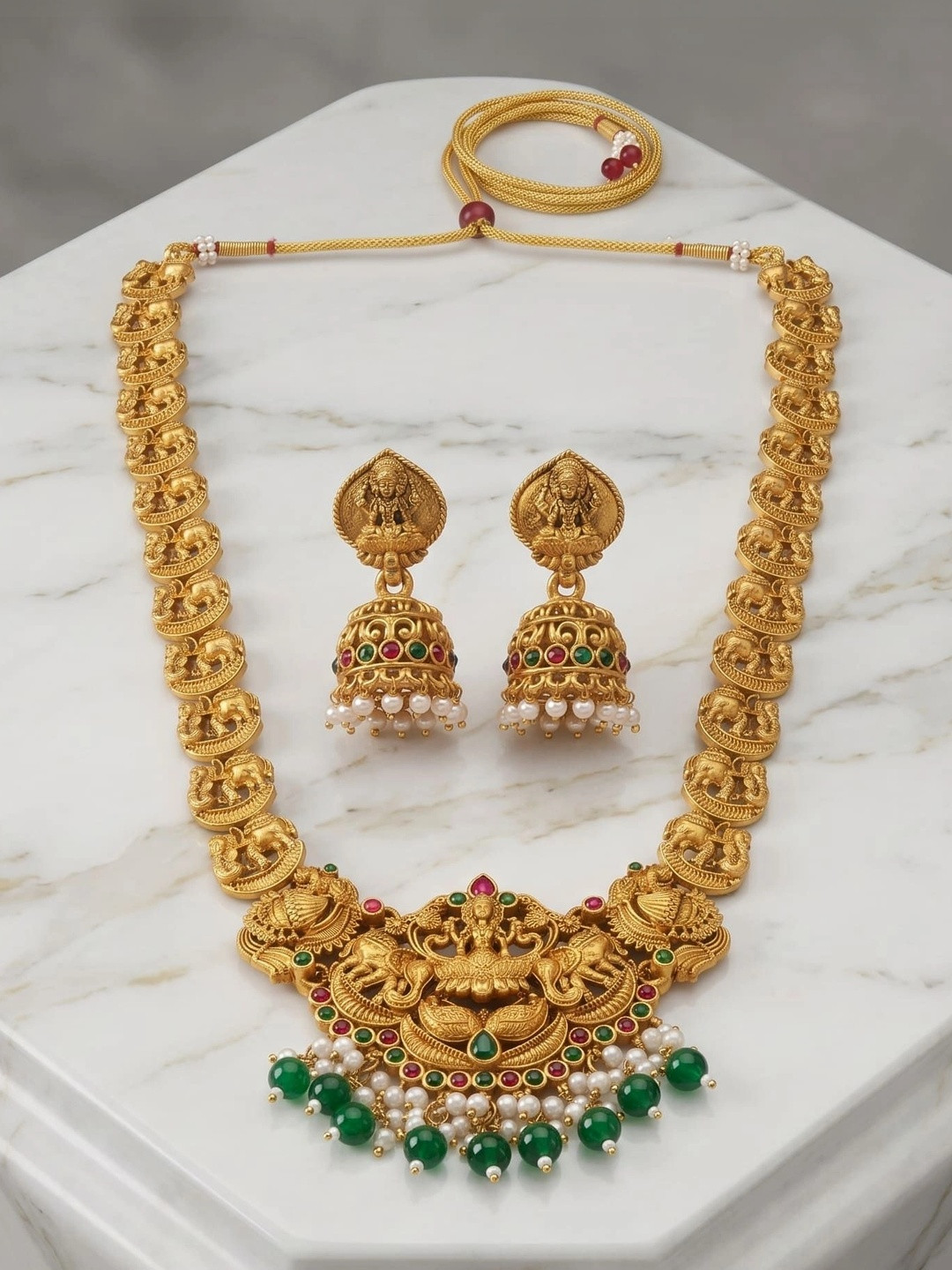 LAFORWORD Gold-Plated Temple Beaded Necklace and Earrings