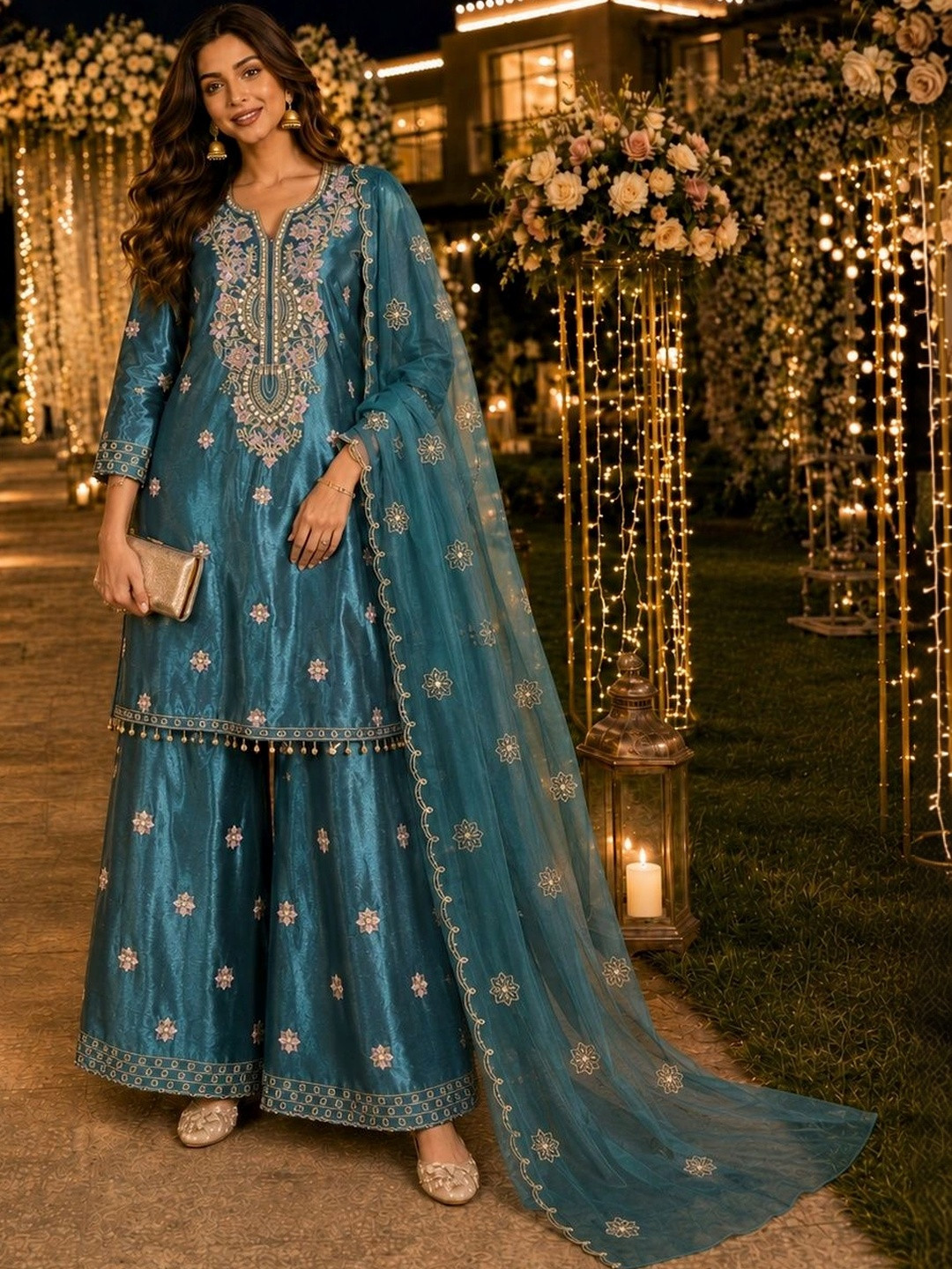 Berrylicious Women Floral Embroidered Regular Thread Work Kurta with Sharara & With Dupatta