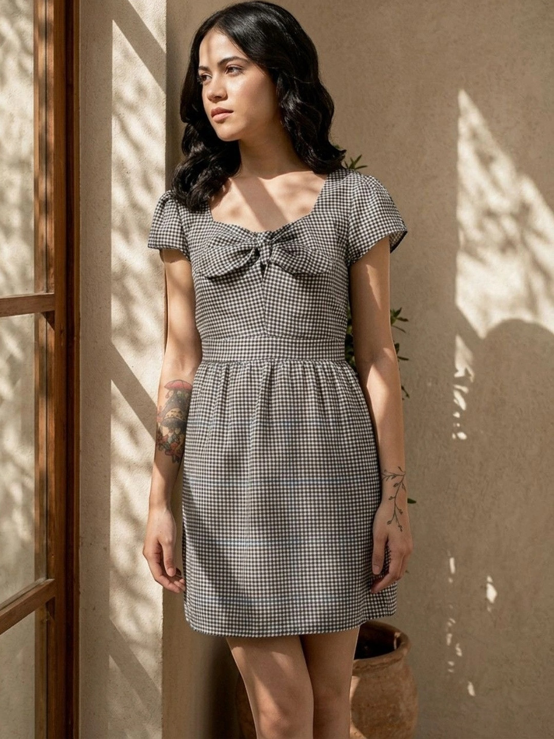 Oxolloxo Checked Puff Sleeve Fit & Flare Dress