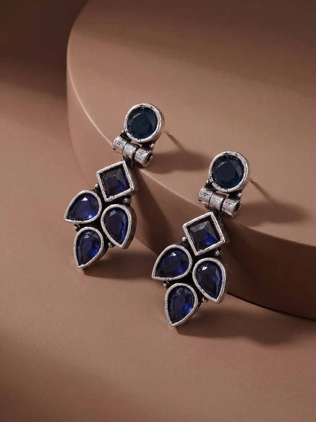 AITIHYA Silver-Plated Oxidised Geometric Drop Earrings