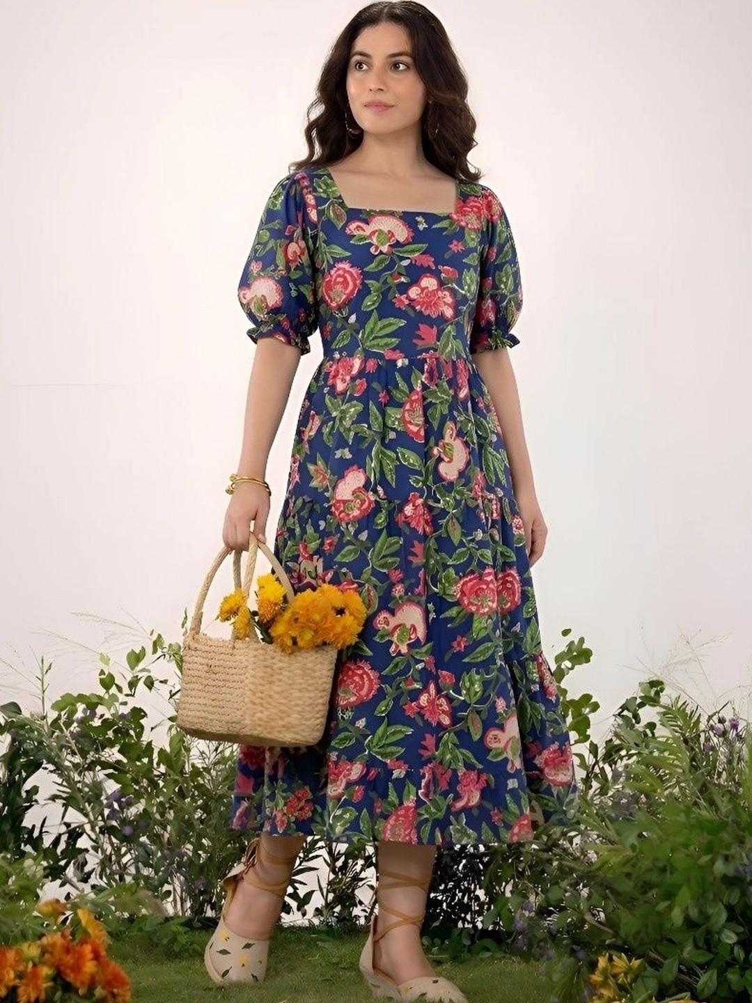 PRESHA Floral Print Puff Sleeve A-Line Midi Dress