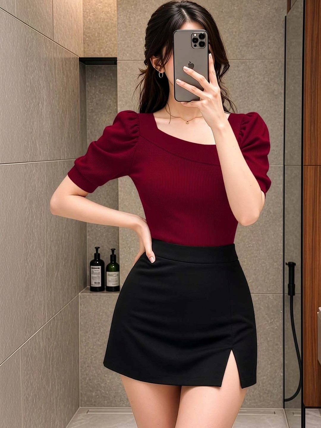 Maroon Ribbed Square Neck Puff Sleeve Top