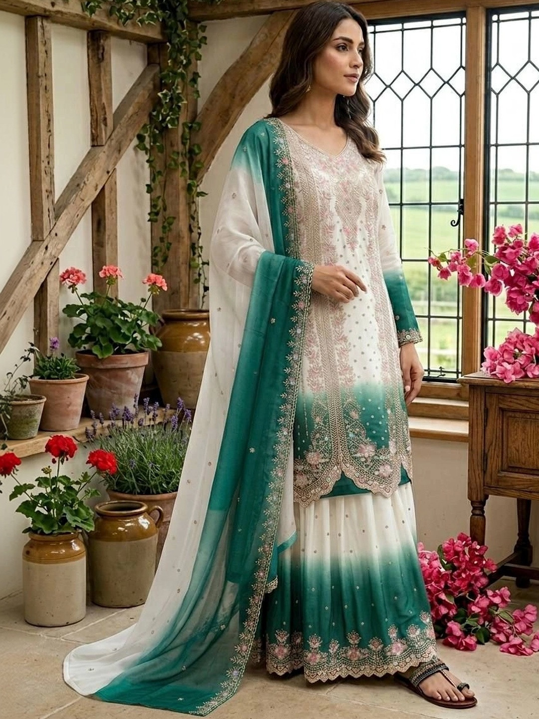 NILHARI Ethnic Motifs Embellished V-Neck Pure Georgette Blend Kurti