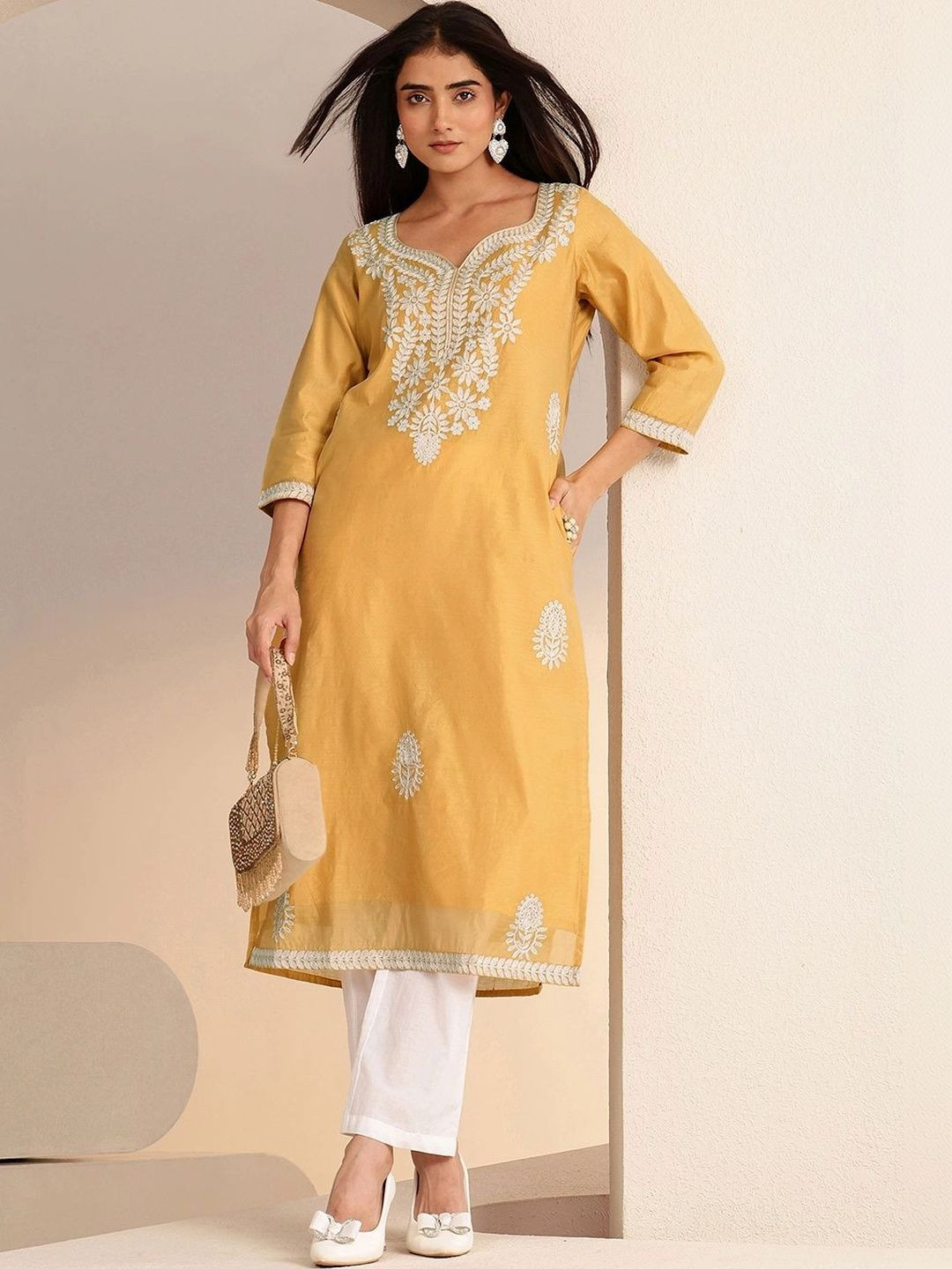 Libas Mustard Floral Embroidered Silk Blend Straight Kurta