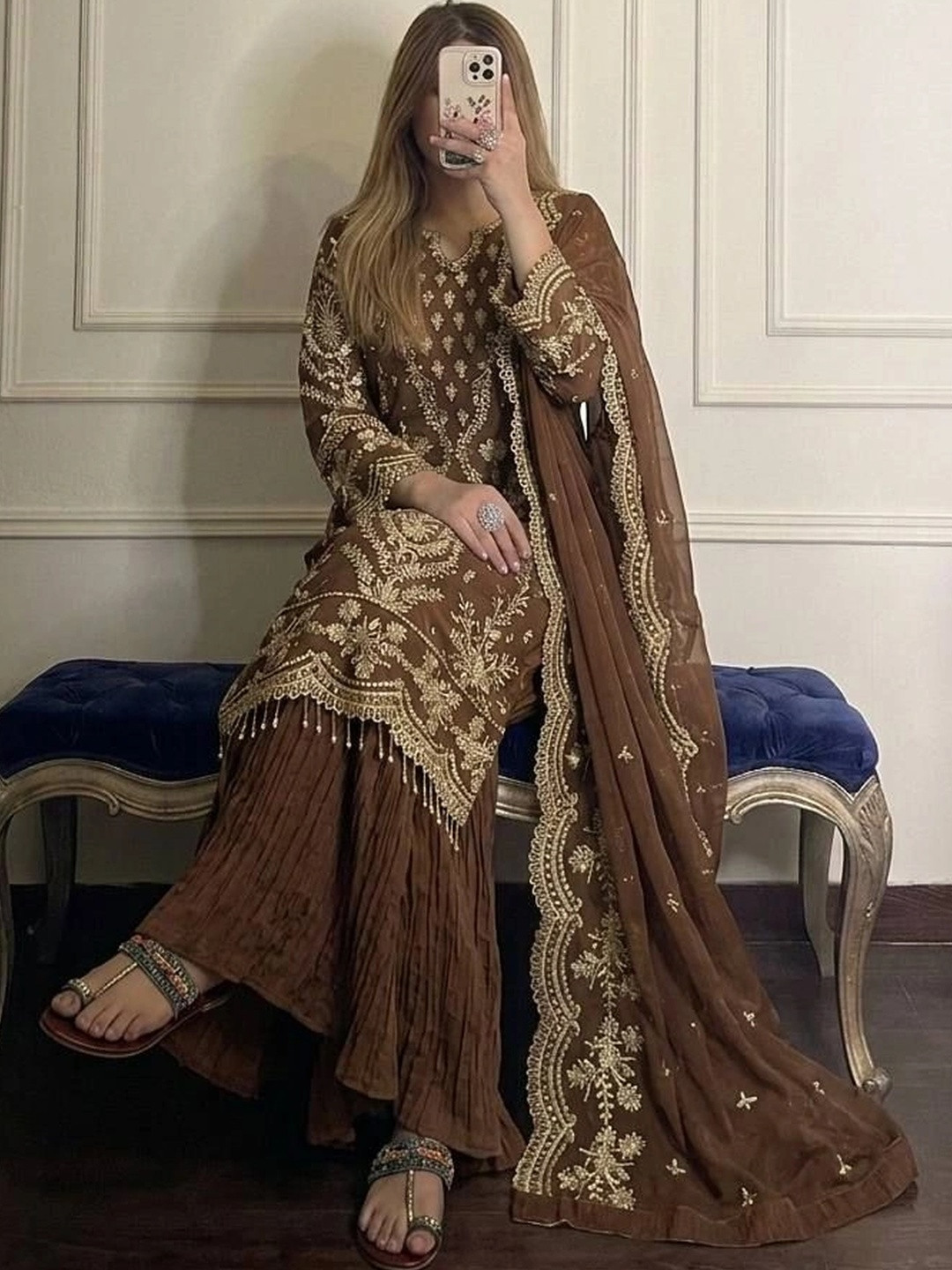 HERINK FASHION Women Ethnic Motifs Embroidered Regular Sequinned Kurti with Palazzos & With Dupatta