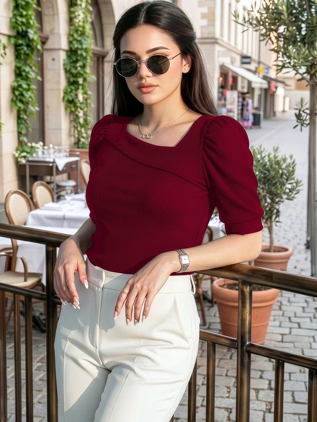 Maroon Square Neck Puff Sleeve Top