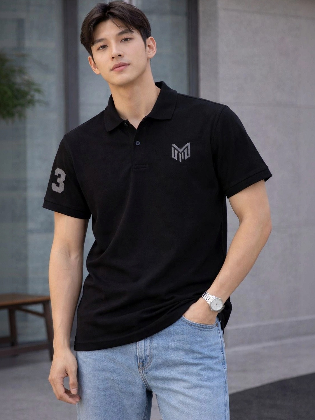 HERE&NOW Men Brand Logo Printed Polo Collar Applique T-shirt