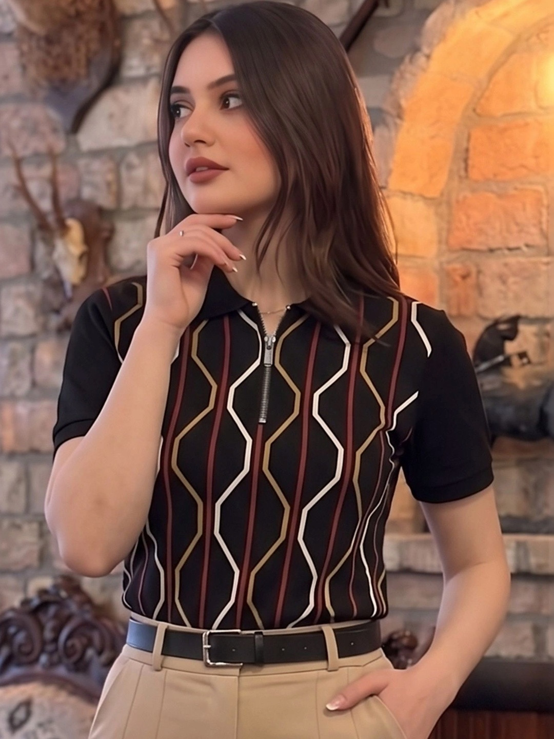AUSK Women Printed Polo Collar T-shirt