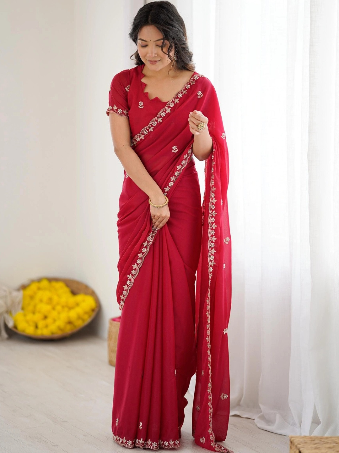 Vastrangam Floral Embroidered Satin Saree