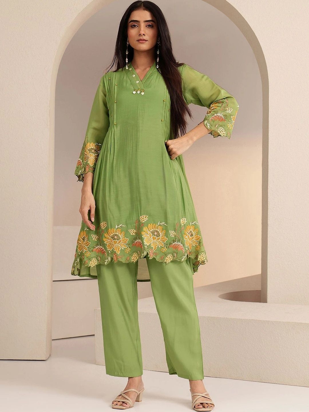 Libas Green Floral Embroidered Chanderi Cotton Co-ord Set