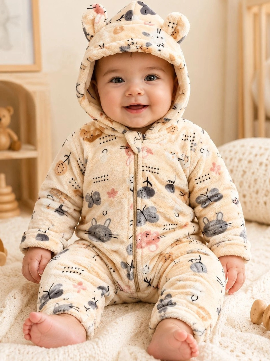 Cuddleloom Infant Boys Printed Cotton Hooded Neck Rompers