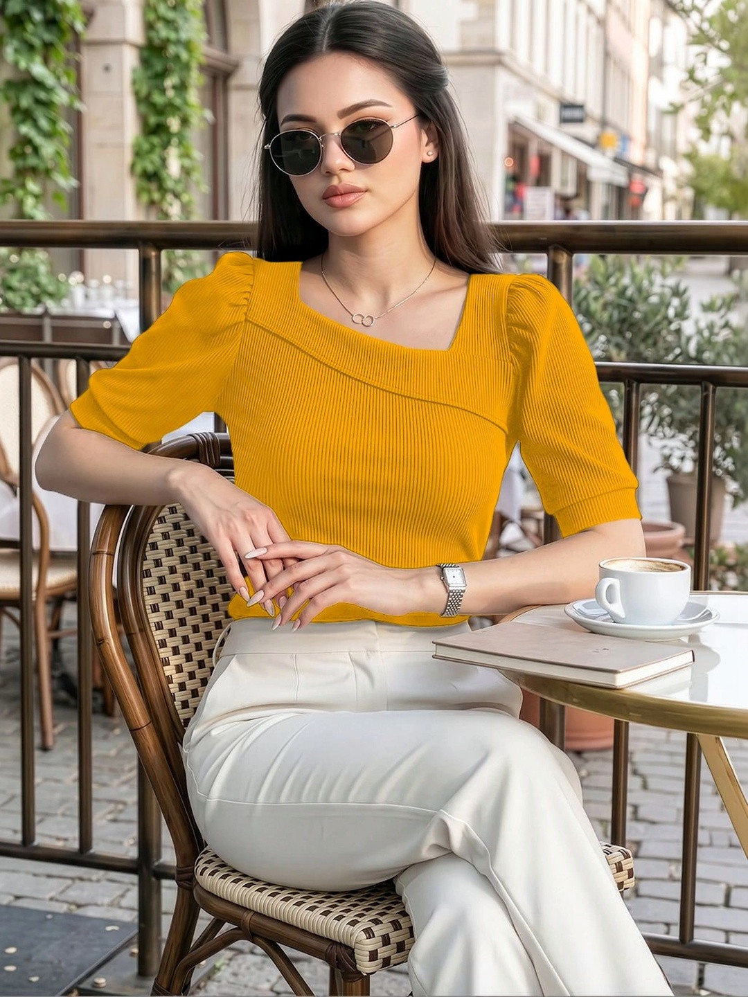 Yellow Ribbed Square Neck Puff Sleeve Top