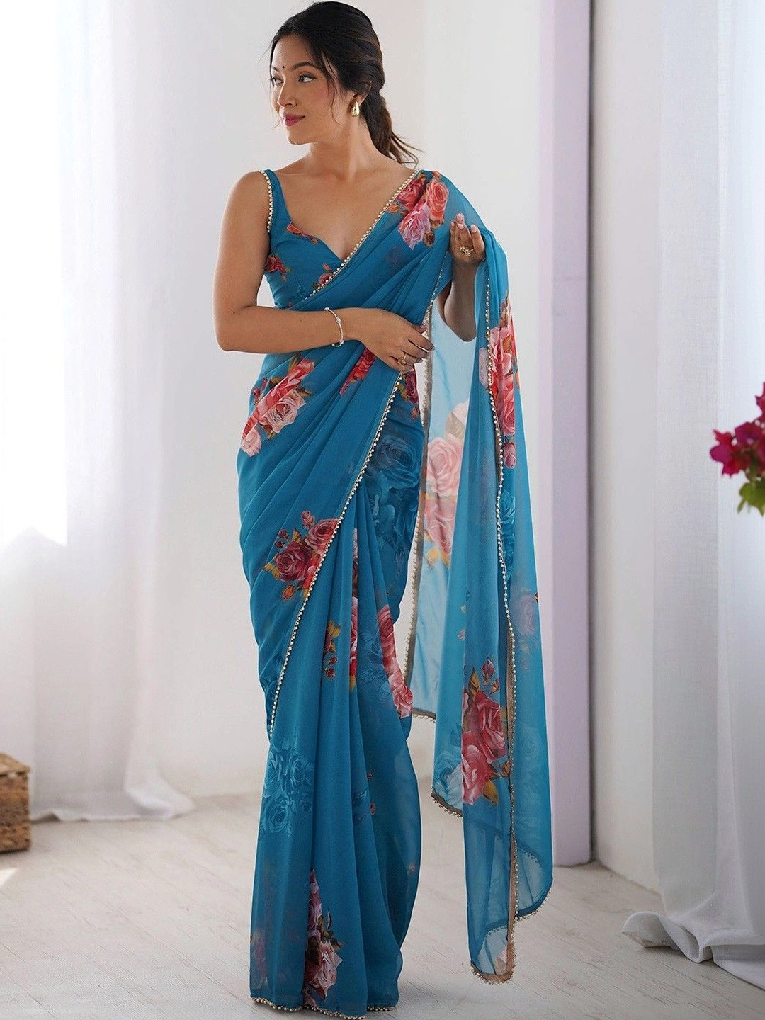 Vastrangam Floral Beads and Stones Poly Georgette Saree
