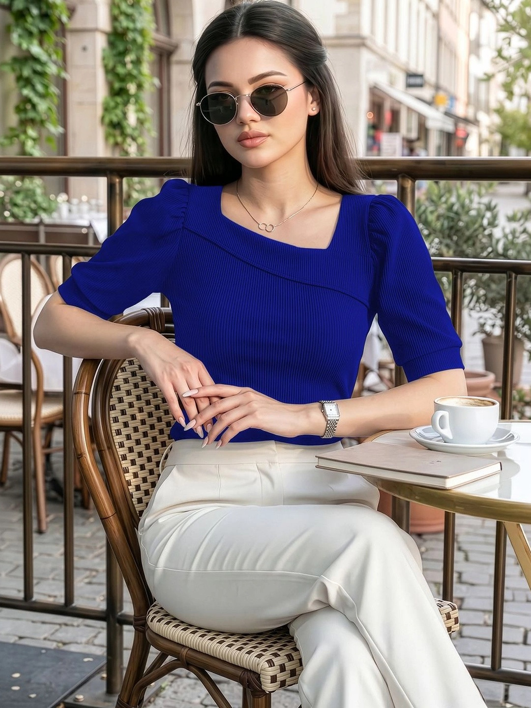 Blue Square Neck Puff Sleeve Top
