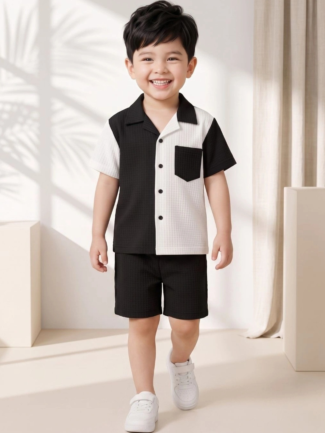 Aj DEZInES Textured Black Colourblocked Shirt with Shorts Cotton Co-Ord Set