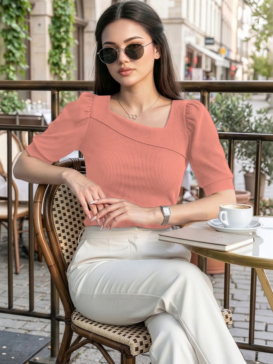 Peach Ribbed Square Neck Puff Sleeve Top
