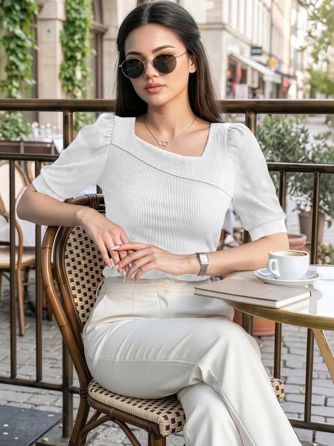 White Ribbed Square Neck Puff Sleeve Top