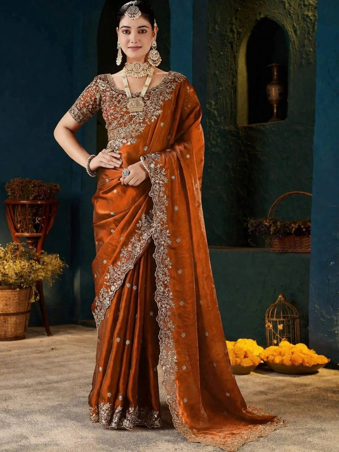 priyashi Floral Embroidered Satin Designer Saree