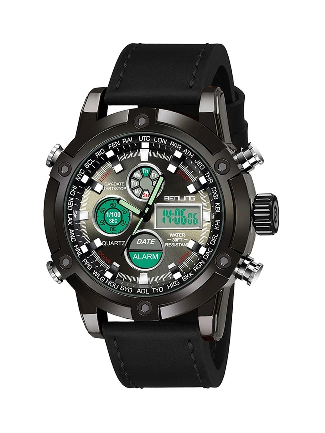 BENLING Men Dial & Leather Wrap Straps Analogue and Digital Watch BL-1005-ANA-DIGI-BLACK