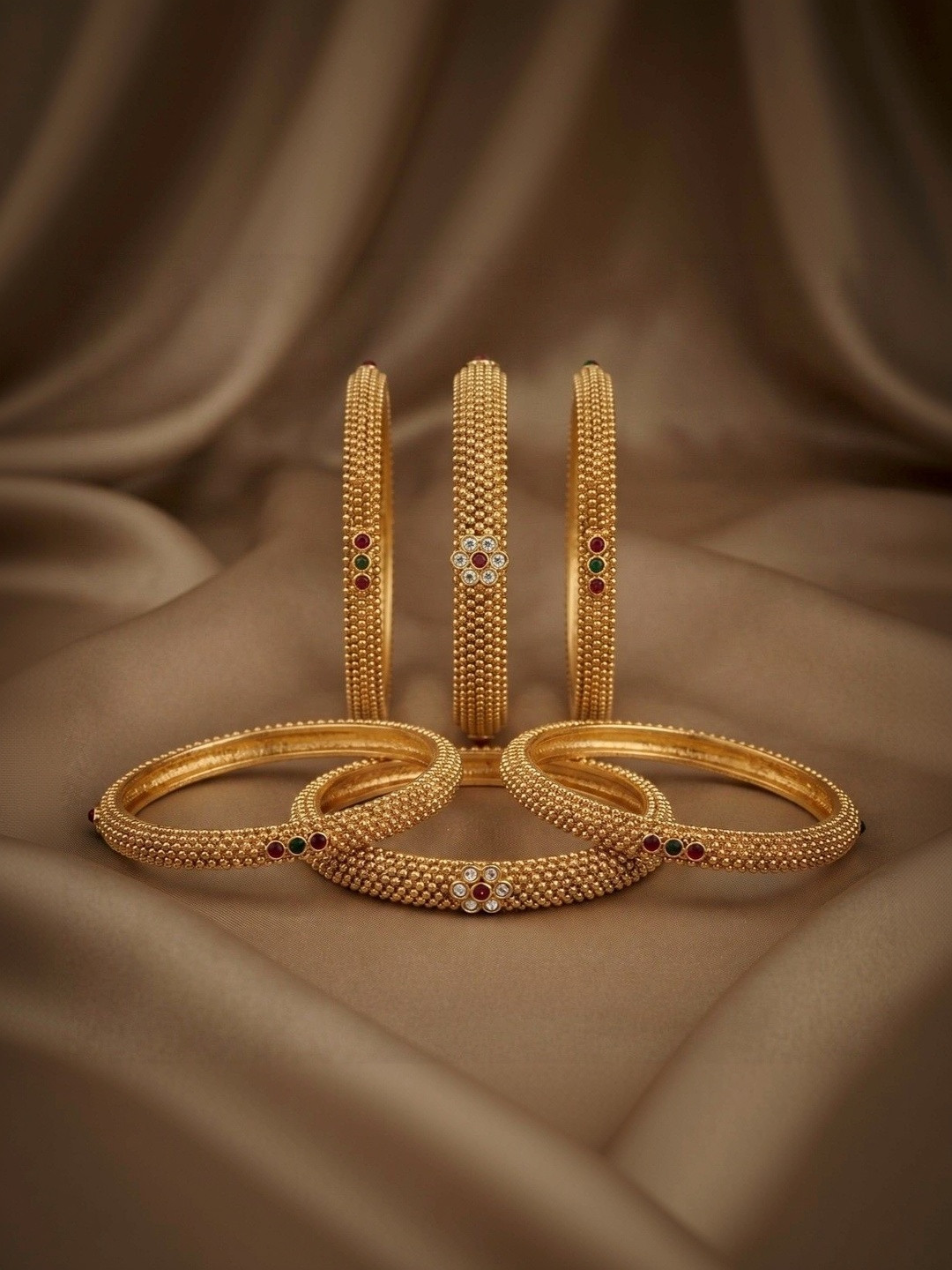 Nui Set of 6 Gold-Plated Stone Studded & Beaded Bangles