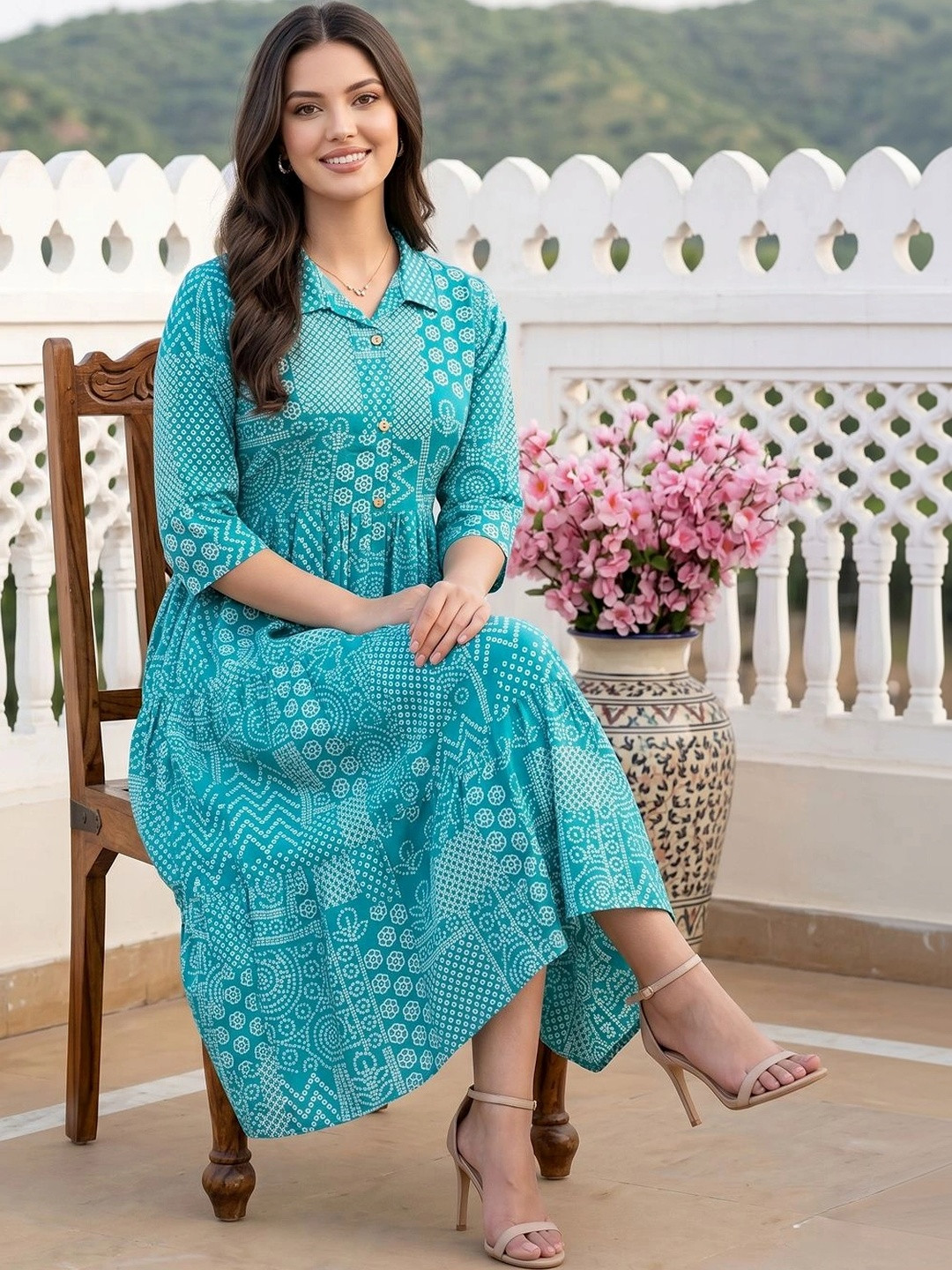 KALINI Ethnic Motifs Print A-Line Midi Dress