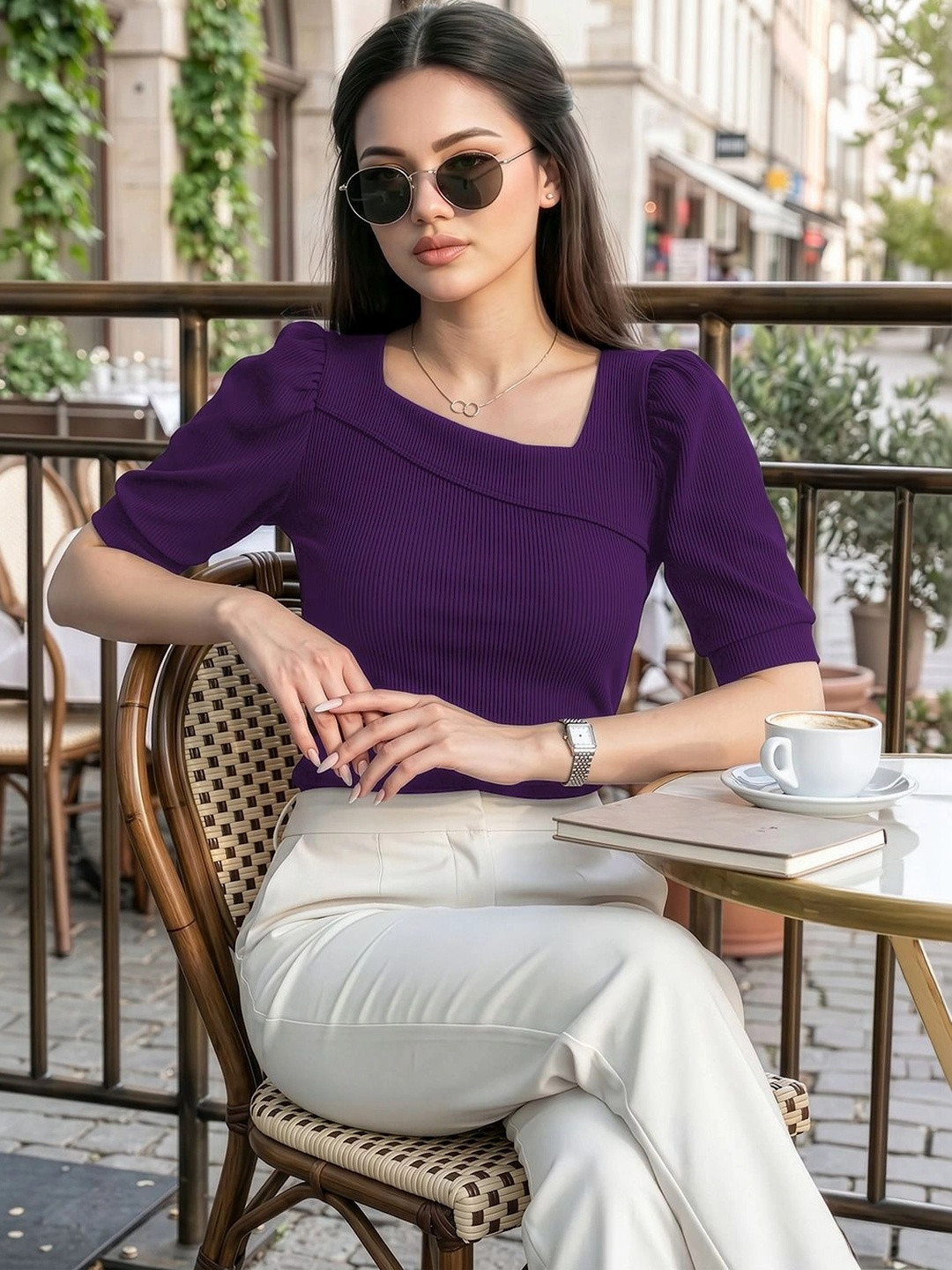 Purple Ribbed Square Neck Puff Sleeve Top