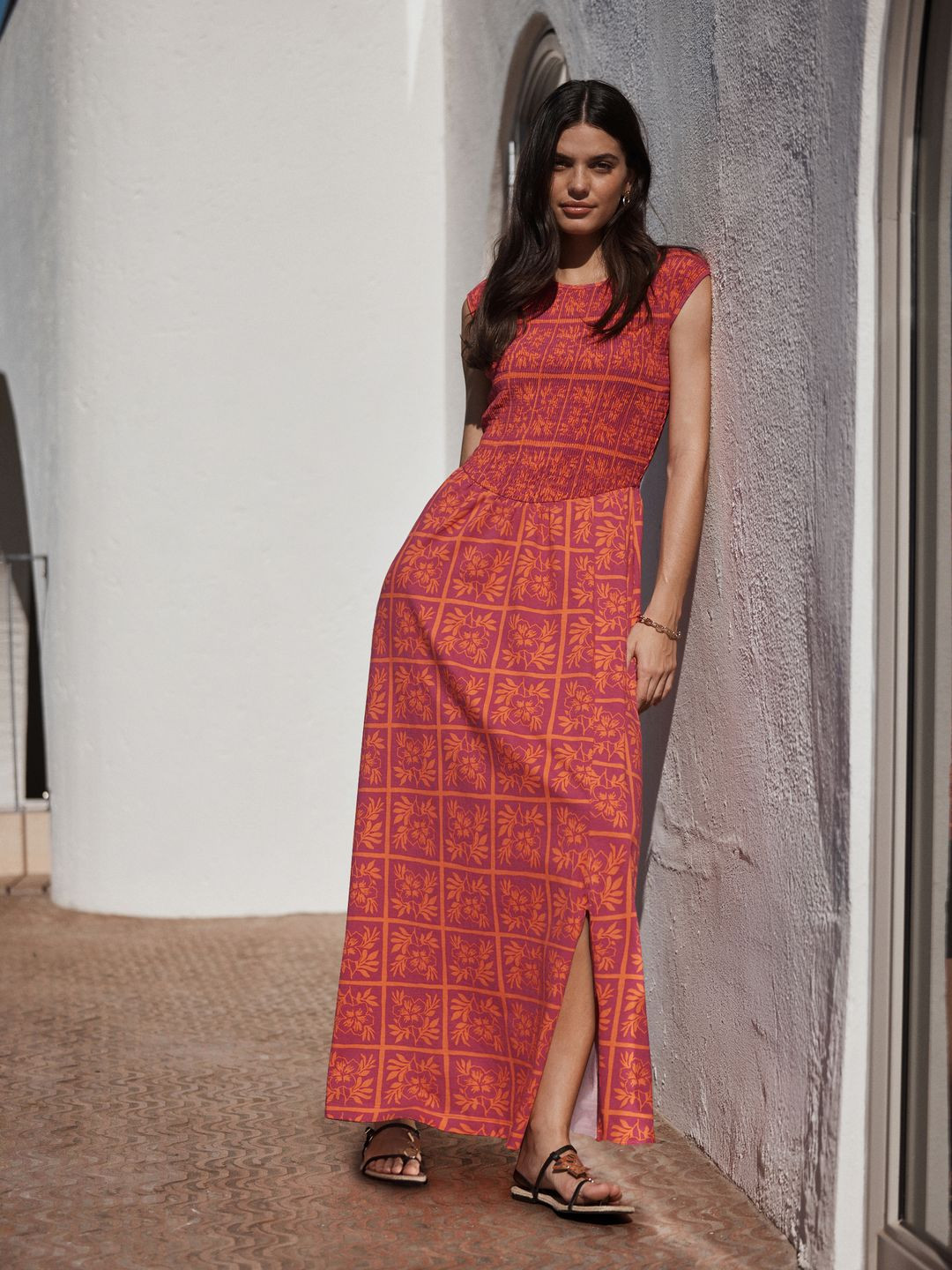 NEXT Floral Printed Smocked Detail Pure Cotton Maxi Dress