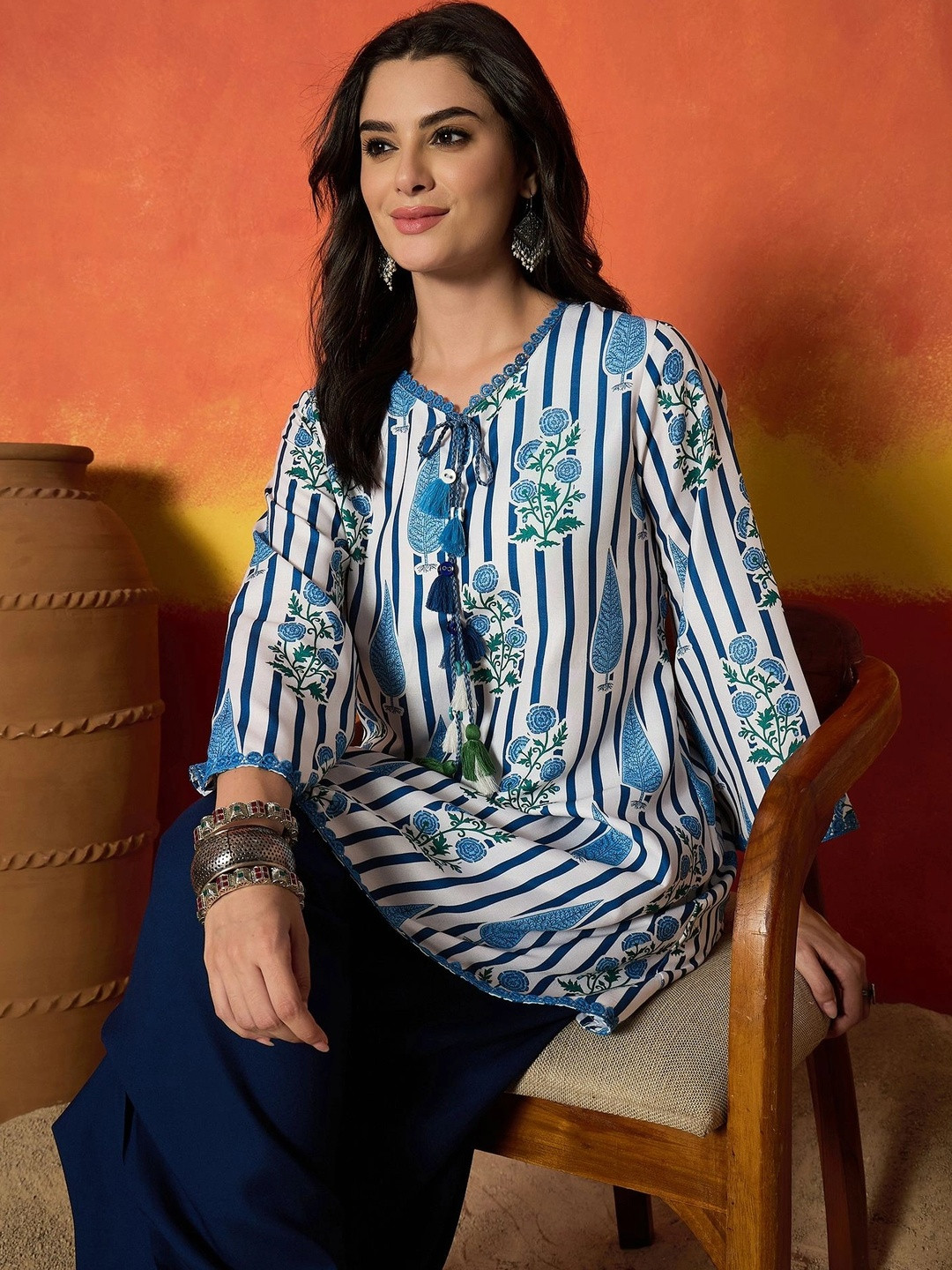 Stylum Women's Blue Striped & Floral Printed Rayon A-Line Kurti With Farshi Salwar