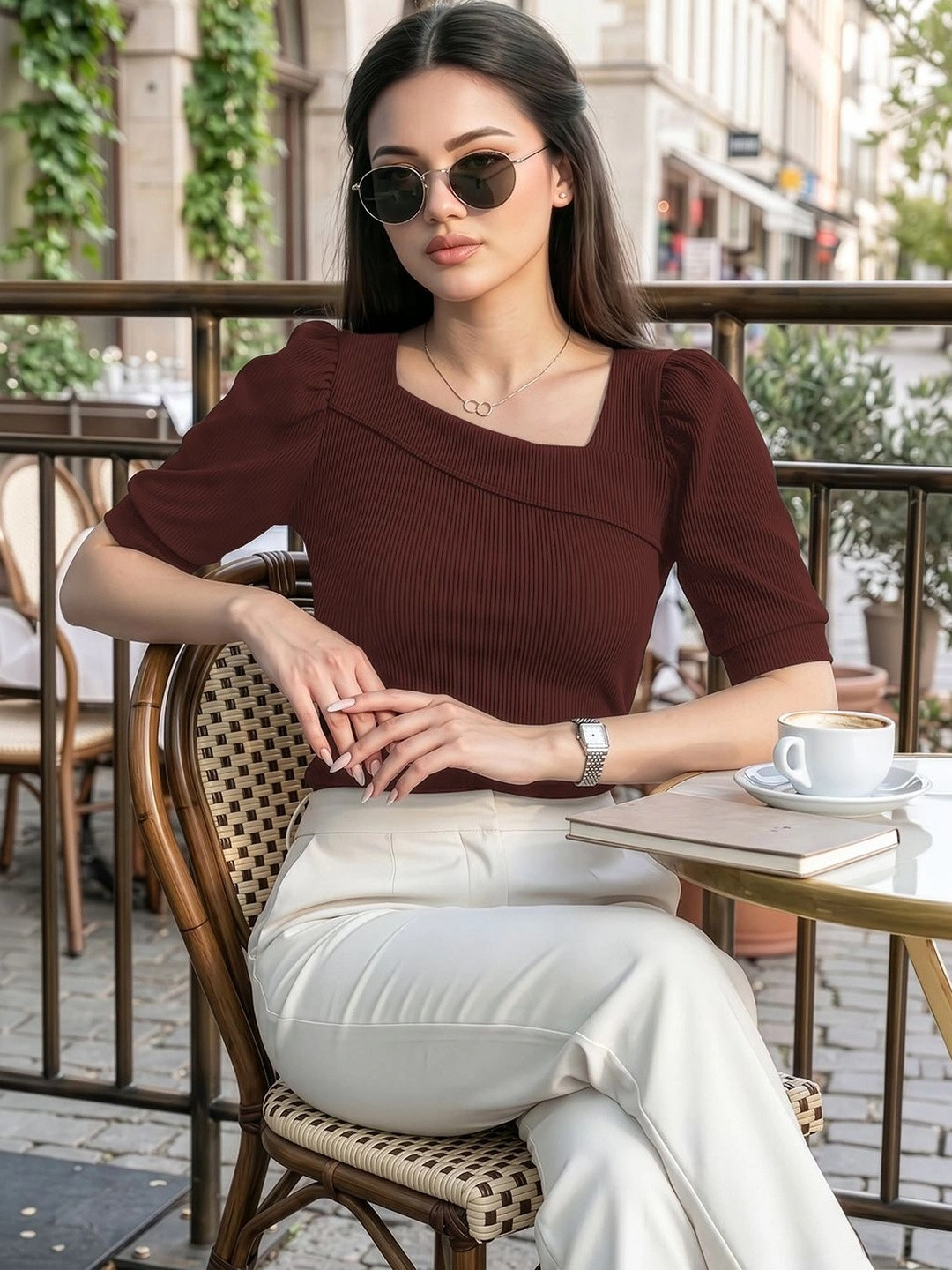 Brown Ribbed Square Neck Puff Sleeve Top