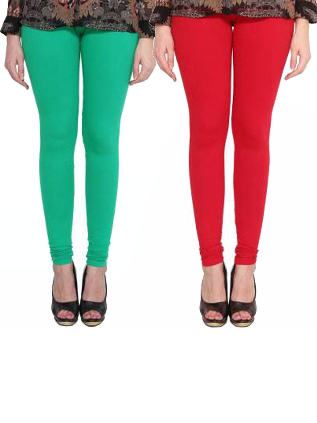 Hookspin Women Pack of 2 Green & Red Solid Cotton Leggings